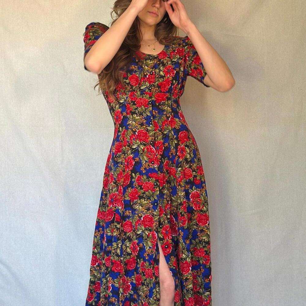 80s Black Floral Button Front Dress - Picture 9 of 12